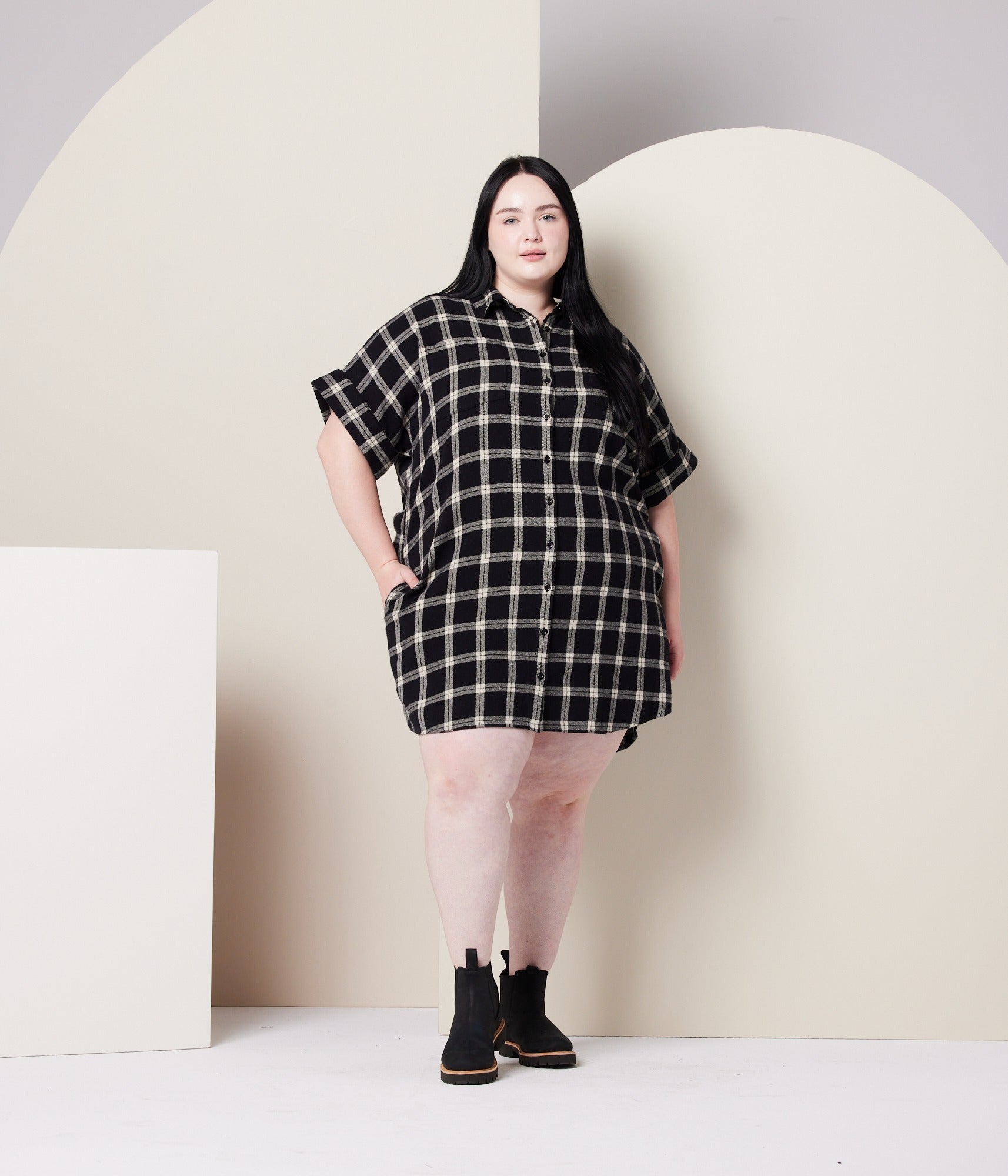 Amaris Dress - Black/Taupe Plaid Amaris Dress - Black/Taupe Plaid