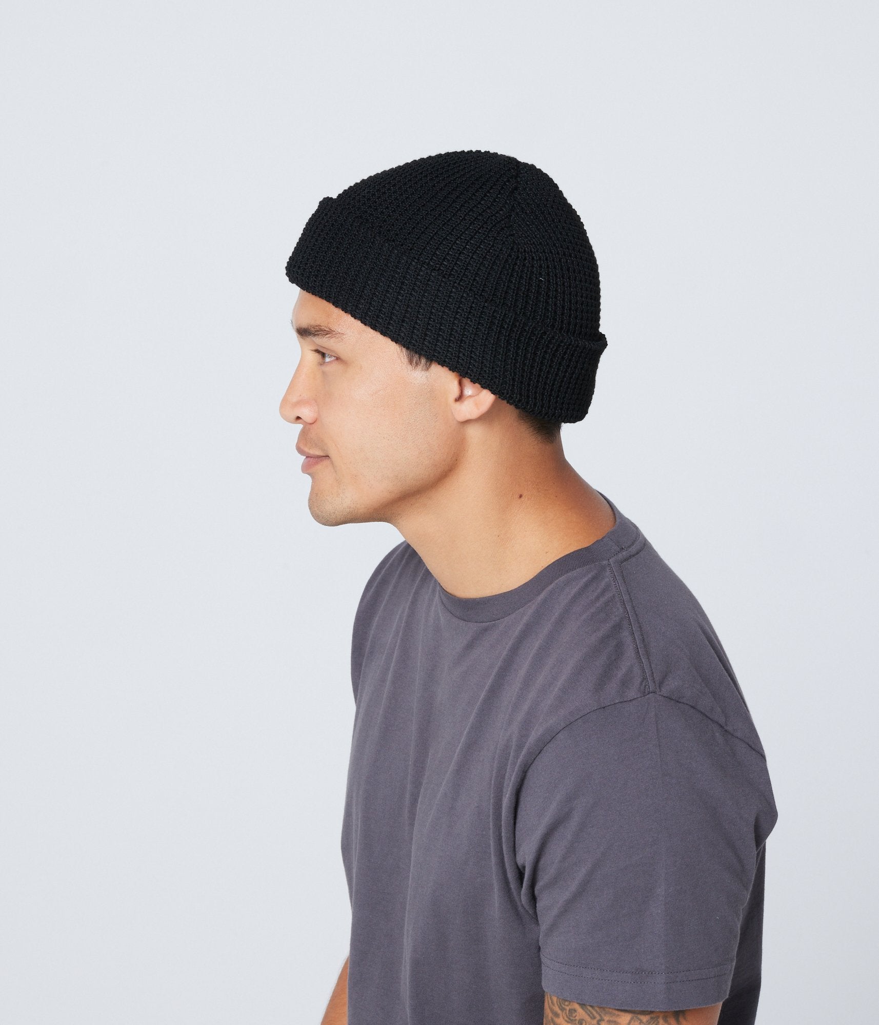 Recycled Waffle-Knit Beanie - Black