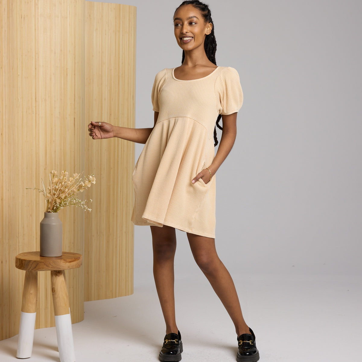 peach knit dress Ethel Waffle short sleeves and a