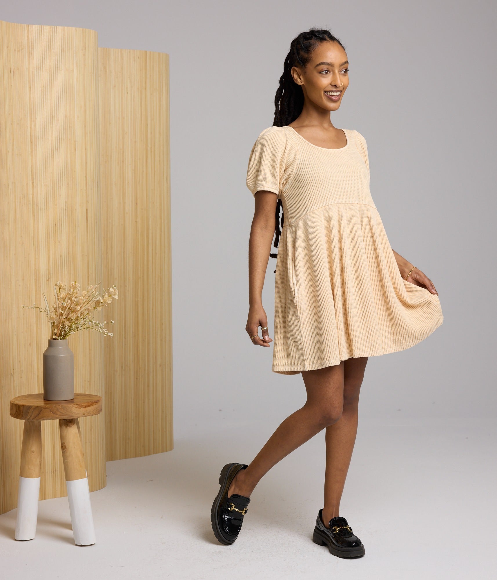 Ethel Waffle Knit Dress - Dusty Peach